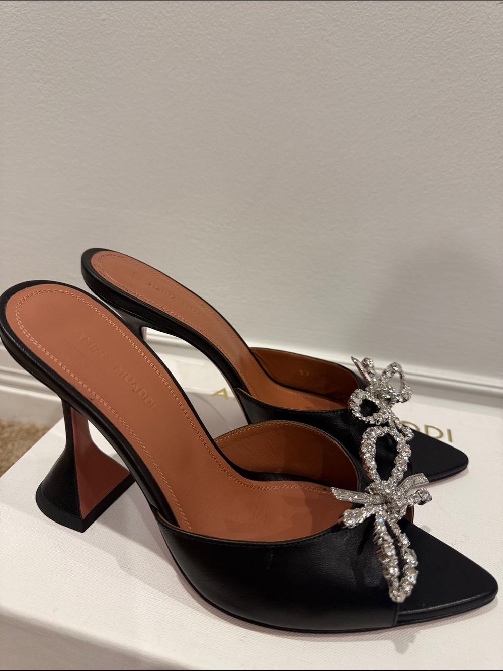AMINA MUADDI Black Leather Mules Crystal Bow EU 37